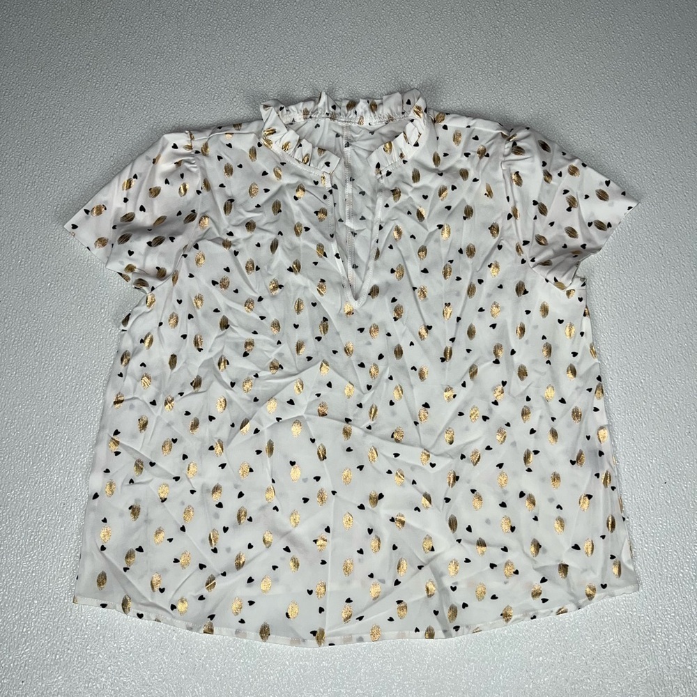 Shein Heart Print V Neck Short Sleeve Top White Size 8/10 NWOT - Picture 2 of 9